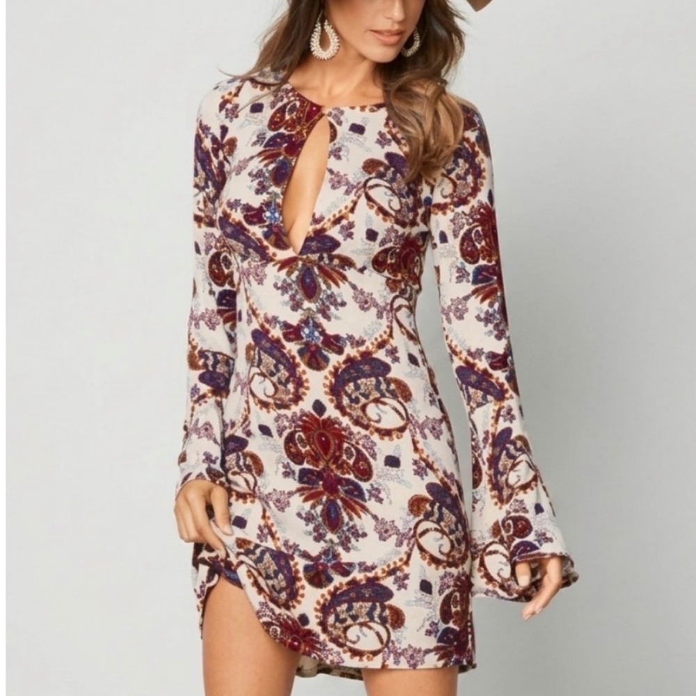 VENUS Womens Rayon Paisley Bell Sleeve Dress Size XS Boho Retro Hippie Indie